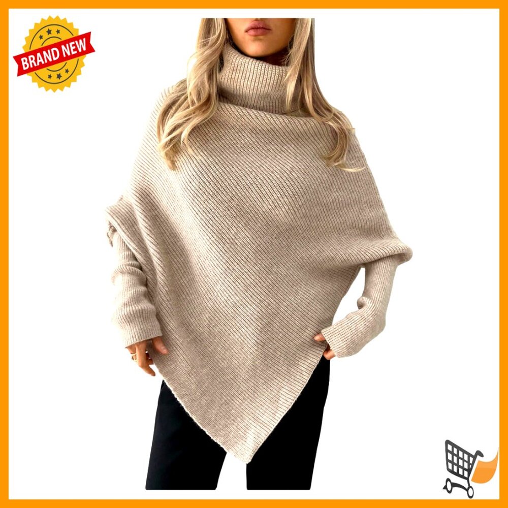 Oversized Turtleneck Poncho Sweater Asymmetrical Dolman Sleeve Chic Knit Top